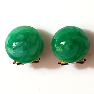 Vintage Louis Rousselet Depose France green art glass clip earrings button 50's